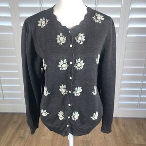 Vintage Charcoal Gray Cardigan Sweater L Ramie Cotton Embroidered Flowers Granny